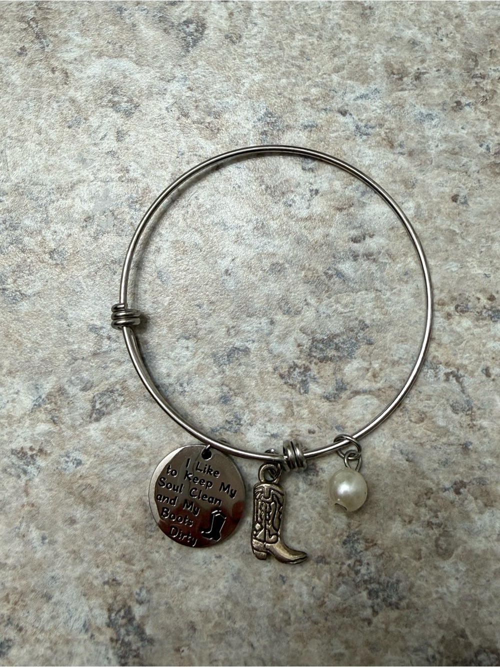173. Silver-Tone Cowboy Boot Charm Bangle Bracelet with Pearl Accent Slip On